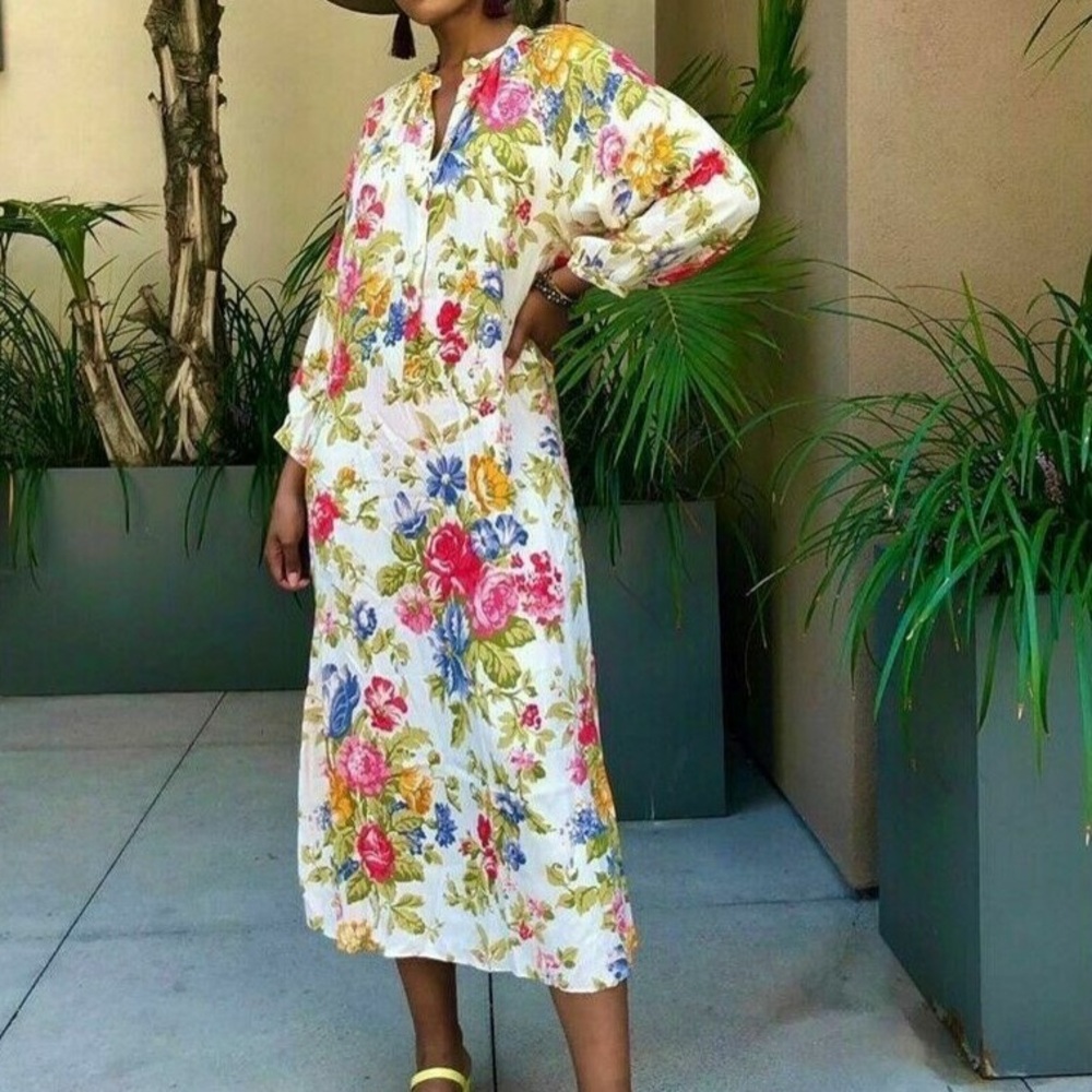 ZARA ECRU FLORL PRINT MIDI FLOWING DRESS